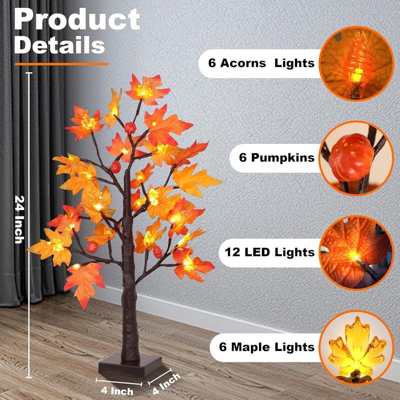 Grastfu 2 Pack 24 Inch Prelit Fall Maple Tree Decor with 48 LED Timer Fall Thanksgiving Decorations Battery Operated Lighted Pumpkin Acorn Maple Artificial Tabletop Tree Thanksgiving Table Decor Home Indoor - Image 3