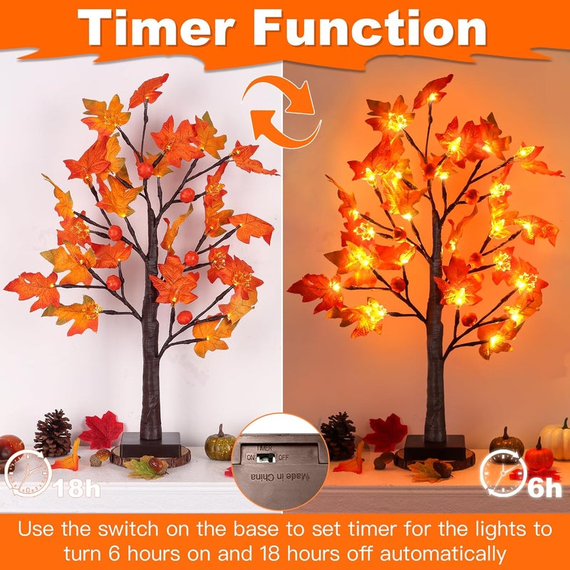Grastfu 2 Pack 24 Inch Prelit Fall Maple Tree Decor with 48 LED Timer Fall Thanksgiving Decorations Battery Operated Lighted Pumpkin Acorn Maple Artificial Tabletop Tree Thanksgiving Table Decor Home Indoor - Image 2