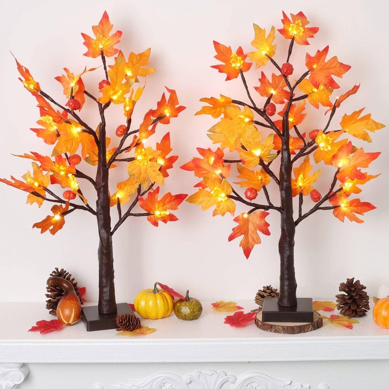 Grastfu 2 Pack 24 Inch Prelit Fall Maple Tree Decor with 48 LED Timer Fall Thanksgiving Decorations Battery Operated Lighted Pumpkin Acorn Maple Artificial Tabletop Tree Thanksgiving Table Decor Home Indoor - Image 5