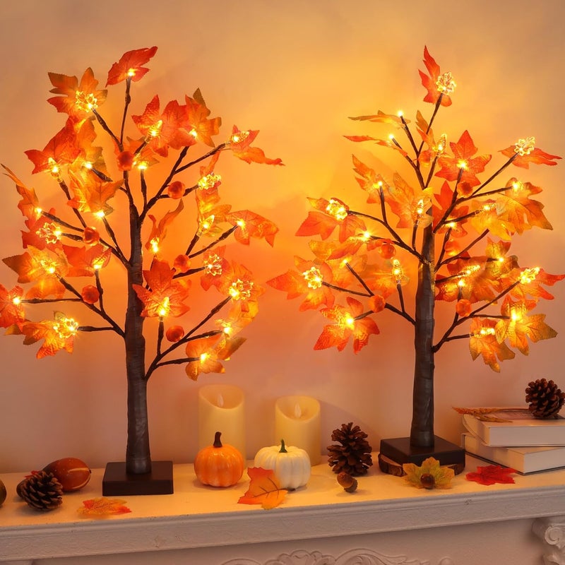 Grastfu 2 Pack 24 Inch Prelit Fall Maple Tree Decor with 48 LED Timer Fall Thanksgiving Decorations Battery Operated Lighted Pumpkin Acorn Maple Artificial Tabletop Tree Thanksgiving Table Decor Home Indoor - Image 4