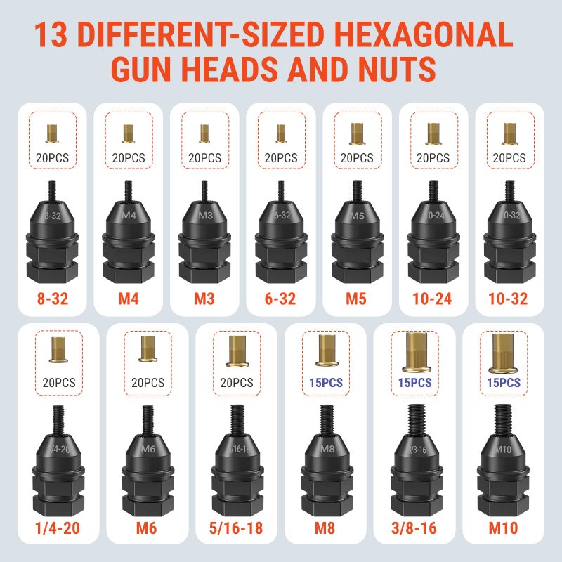 VLOXO Rivet Nut Drill Adapter for Electric Drill, Upgraded Rivet Gun Kit with 13 Different Iron Heads and 245Pcs Rivnuts Professional Rivet Nut Tool Kits Include Case - Image 3