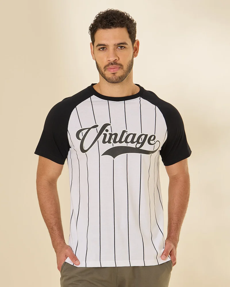 Redtag Men White And Black Vintage Printed Jersey T Shirt