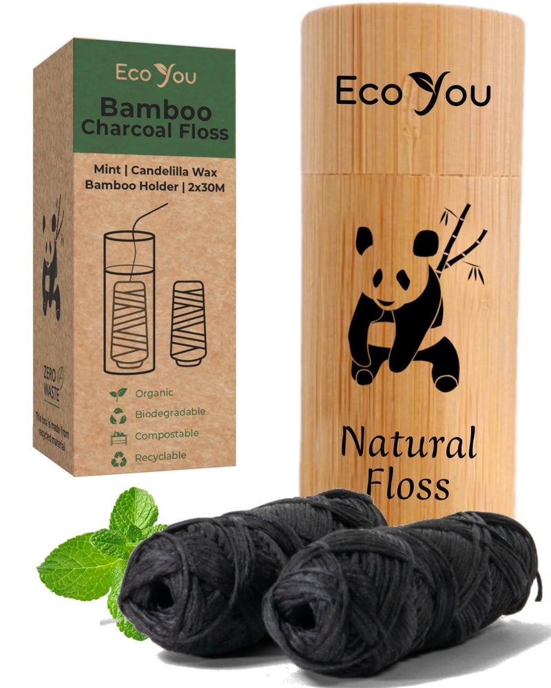 EcoYou Charcoal Bamboo Floss | 2 Natural Floss Refill with Bamboo Container | Organic Mint & Candelilla Wax | Vegan & Biodegradable | Compatible with Similar Size Dental Silk Containers - Image 1