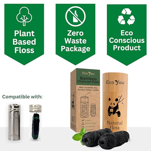 EcoYou Charcoal Bamboo Floss | 2 Natural Floss Refill with Bamboo Container | Organic Mint & Candelilla Wax | Vegan & Biodegradable | Compatible with Similar Size Dental Silk Containers - Image 2