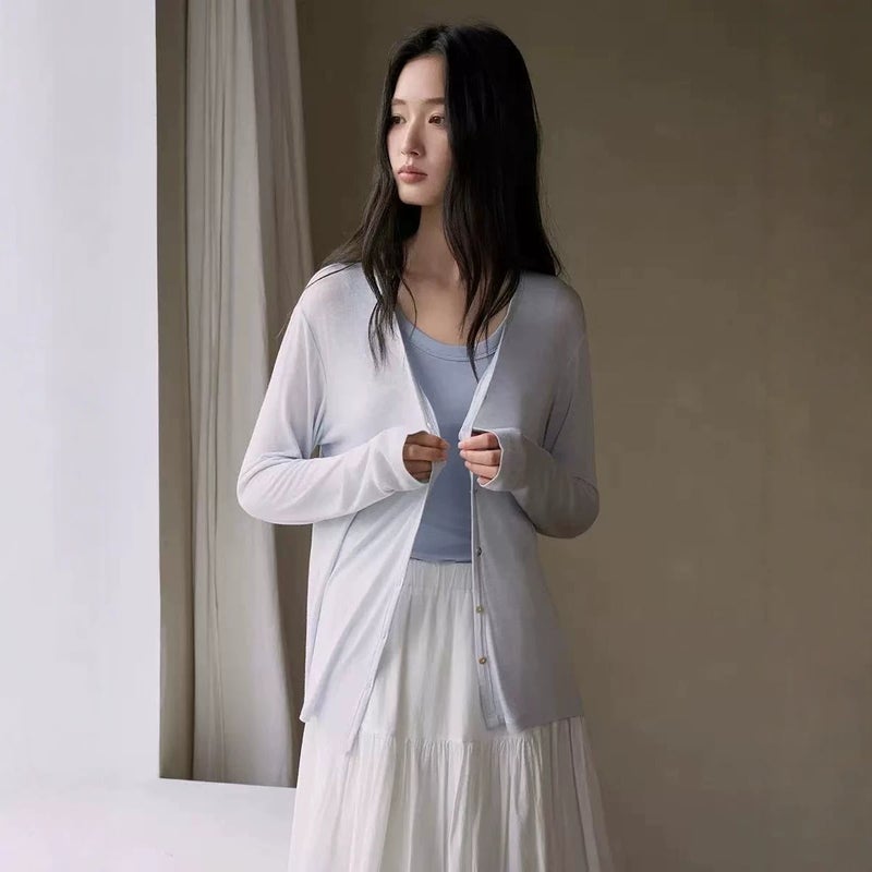 Women's Spring Summer Cardigan - Modal Silk Knit, Long Sleeve, Button Front - Image 1