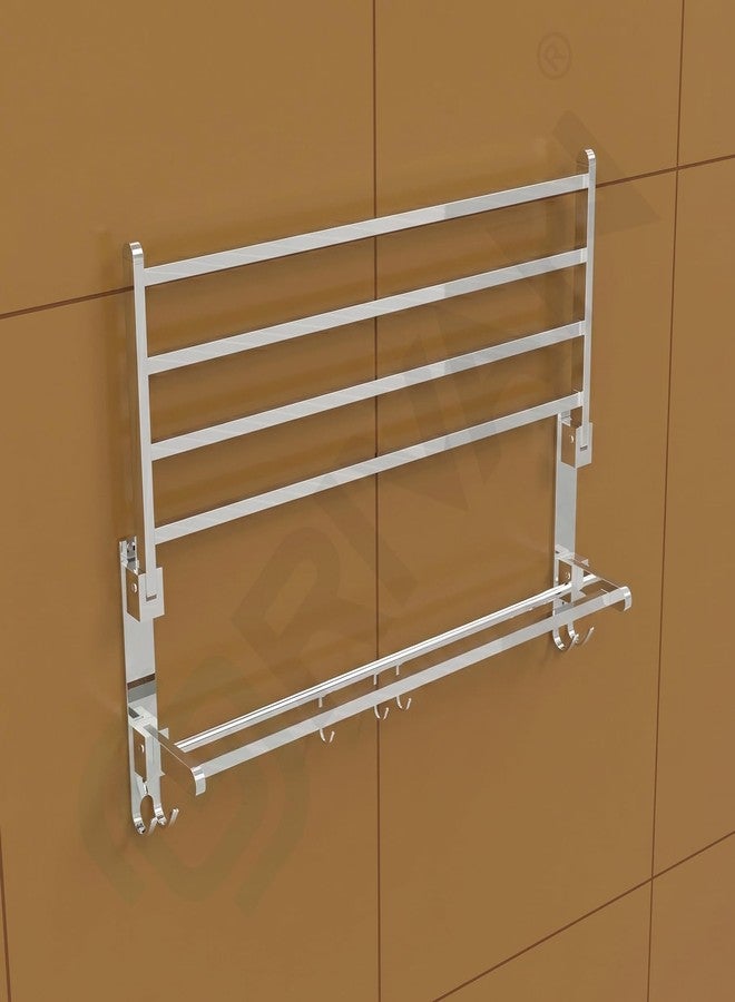 GRIVAN Heavy-Duty Stainless Steel 24 Inch Foldable Towel Rack/Rod/Stand for Bathroom, Towel Holder with Hooks and Hanger (Silver Chrome, Pack of 1) - Image 4