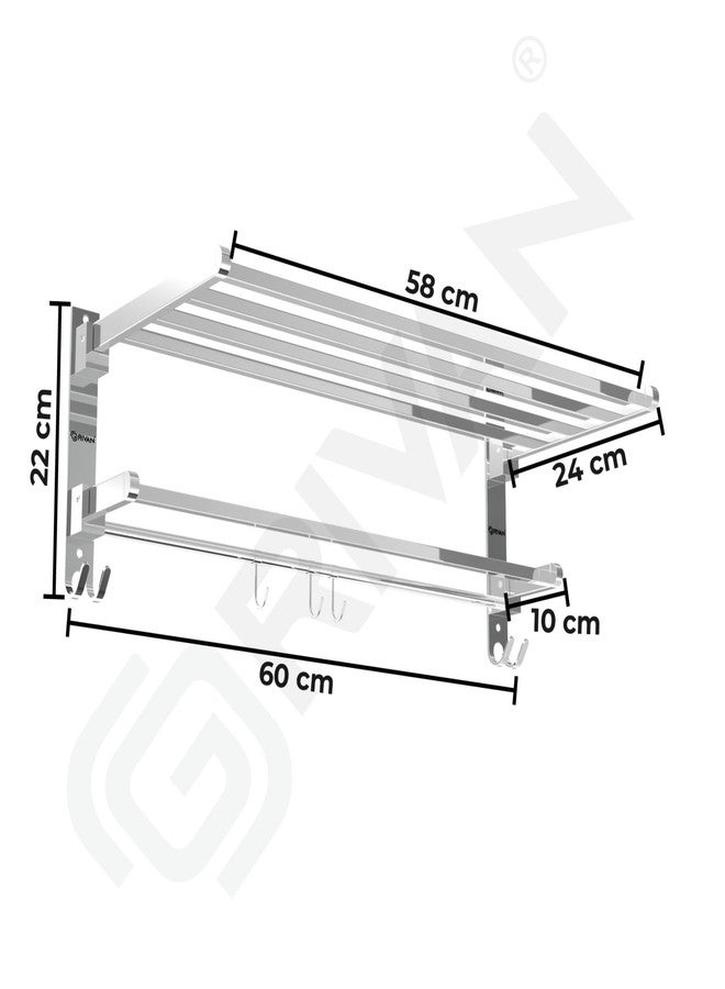 GRIVAN Heavy-Duty Stainless Steel 24 Inch Foldable Towel Rack/Rod/Stand for Bathroom, Towel Holder with Hooks and Hanger (Silver Chrome, Pack of 1) - Image 2