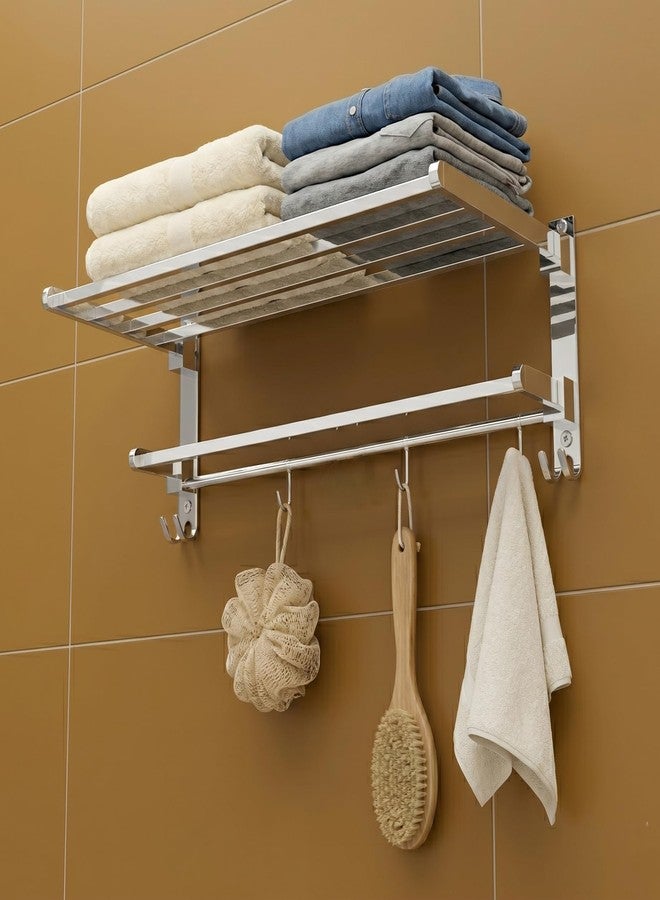 GRIVAN Heavy-Duty Stainless Steel 24 Inch Foldable Towel Rack/Rod/Stand for Bathroom, Towel Holder with Hooks and Hanger (Silver Chrome, Pack of 1) - Image 1