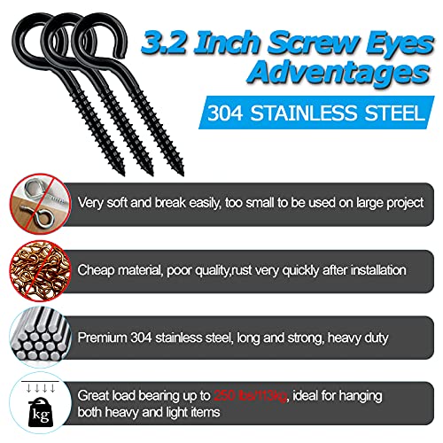 SKNONO Screw in Hooks Heavy Duty - Screw Eyes, Heavy Duty Eye Screw Hooks, Screw in Eye Hooks for Indoor & Outdoor Use, Black Self Tapping Screws, Eye Bolts 6 Pack, 3.2 Inches - Image 2