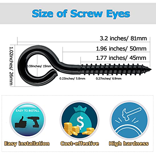 SKNONO Screw in Hooks Heavy Duty - Screw Eyes, Heavy Duty Eye Screw Hooks, Screw in Eye Hooks for Indoor & Outdoor Use, Black Self Tapping Screws, Eye Bolts 6 Pack, 3.2 Inches - Image 5