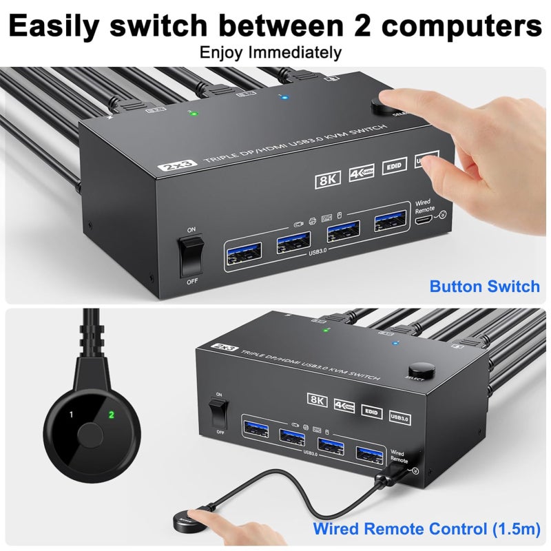 KVM Switcher 2 Monitors 2 Computers 4K@144Hz DP HDMI 8K@60Hz - USB 3.0 5Gbps with Remote Control for Extended Mirror Video Wall - Image 3