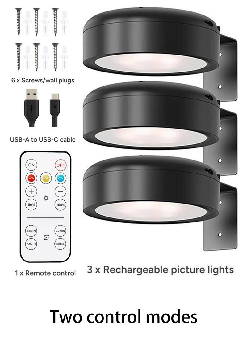 يو ام بي مجموعة من 3 مصابيح جدارية مغناطيسية قابلة لإعادة الشحن، إضاءة عرض فنية لاسلكية مع جهاز تحكم عن بعد، إضاءة LED قابلة للتعتيم مع مؤقت و3 أوضاع إضاءة لإطارات الصور، ديكور جدار المعرض، أعمال فنية بورتريه - Image 1