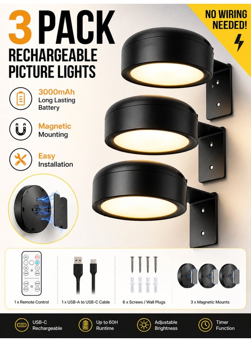 Ump 3-Pack Magnetic Picture Lights Rechargeable for Wall, Wireless Art Display Light with Remote Control, Dimmable LED Painting Light with Timer & 3 Lighting Modes for Picture Frame, Gallery Wall Decor, Portrait Artwork - Image 1