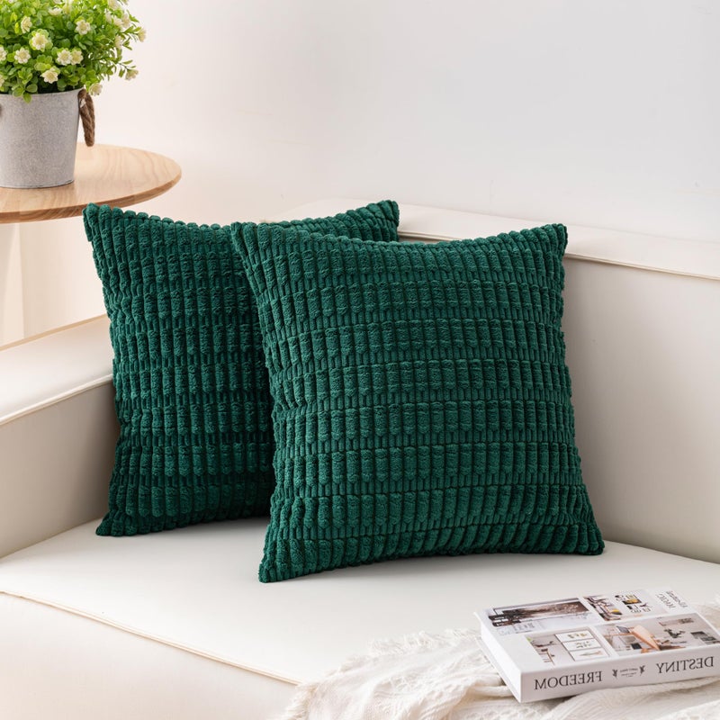 Aegero Pack of 2 Corduroy Decorative Throw Pillow Covers 18x18 InchSoft Boho Striped Pillow Covers Modern Farmhouse Home Decor for Sofa Living Room Couch Bed（Dark Green） - Image 1