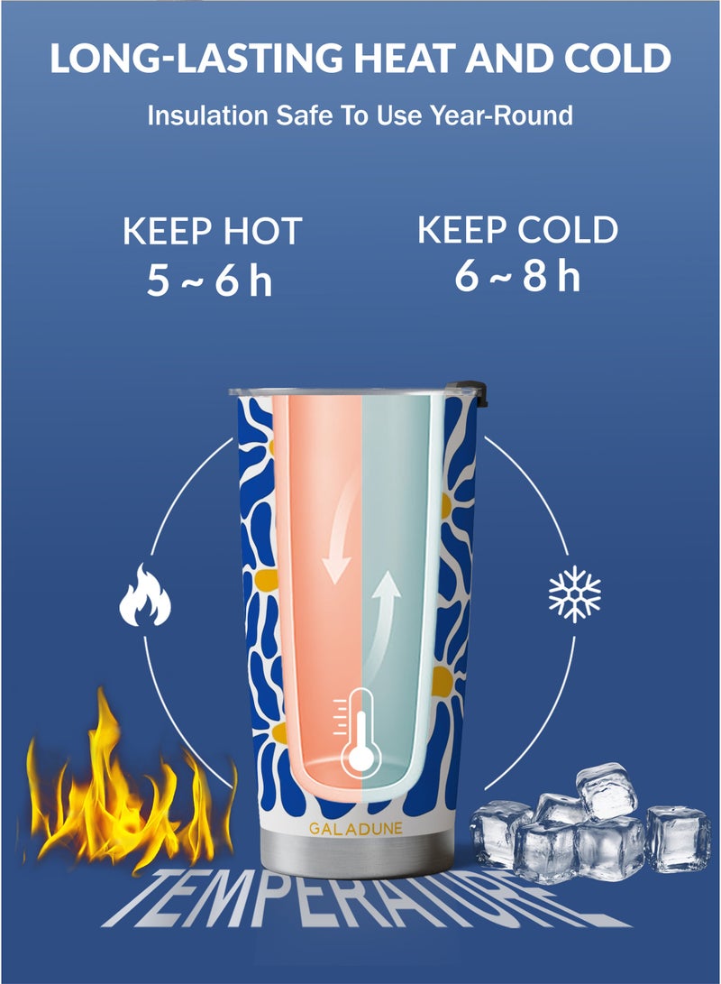 GALADUNE 20OZ Travel Coffee Mug Stainless Steel Double-wall Vacuum Insulated Coffee Cup with Straw and Brush, Klein Blue FloralTumbler, Suitable for Iced & Hot Drinks, Ideal Gift - Image 5