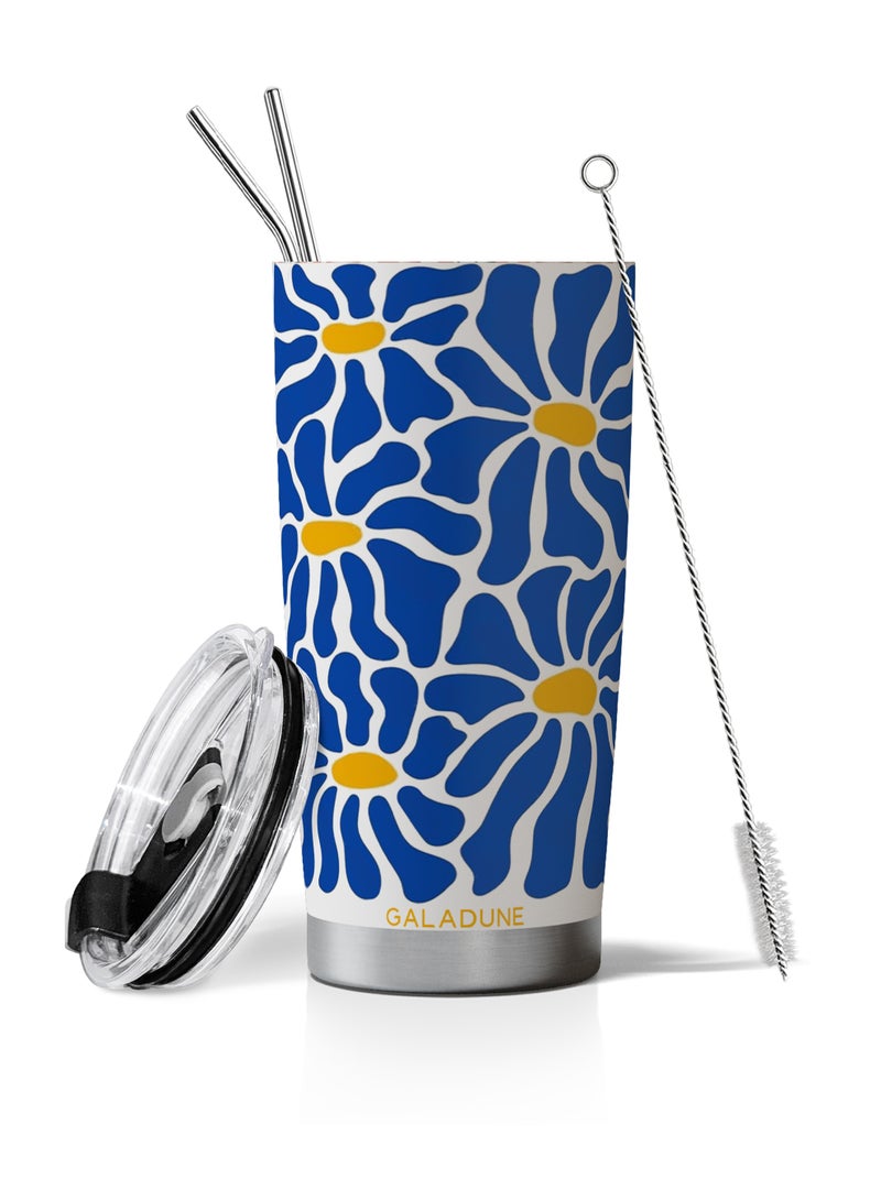 GALADUNE 20OZ Travel Coffee Mug Stainless Steel Double-wall Vacuum Insulated Coffee Cup with Straw and Brush, Klein Blue FloralTumbler, Suitable for Iced & Hot Drinks, Ideal Gift - Image 1