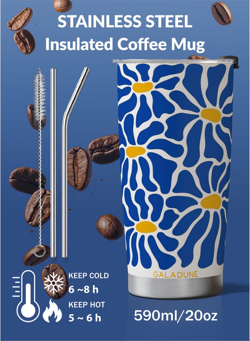 GALADUNE 20OZ Travel Coffee Mug Stainless Steel Double-wall Vacuum Insulated Coffee Cup with Straw and Brush, Klein Blue FloralTumbler, Suitable for Iced & Hot Drinks, Ideal Gift - Image 4