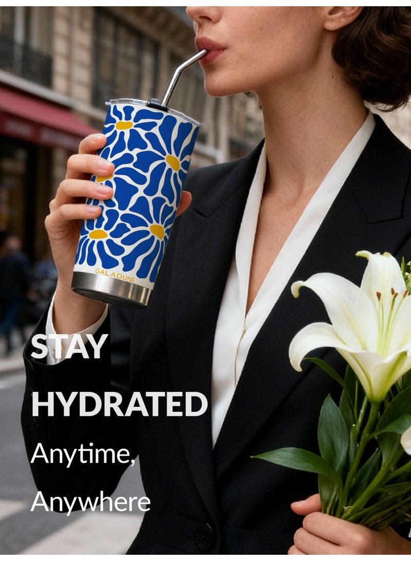 GALADUNE 20OZ Travel Coffee Mug Stainless Steel Double-wall Vacuum Insulated Coffee Cup with Straw and Brush, Klein Blue FloralTumbler, Suitable for Iced & Hot Drinks, Ideal Gift - Image 2