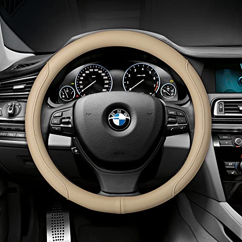 VARGTR Microfiber Leather Steering Wheel Cover with Classic Embossing, Anti-Slip Breathable Auto Car Wheel Protector, Fit 15 Inch (Beige) - Image 3