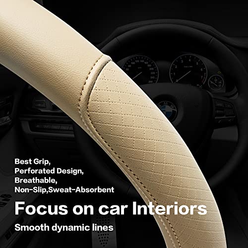 VARGTR Microfiber Leather Steering Wheel Cover with Classic Embossing, Anti-Slip Breathable Auto Car Wheel Protector, Fit 15 Inch (Beige) - Image 5