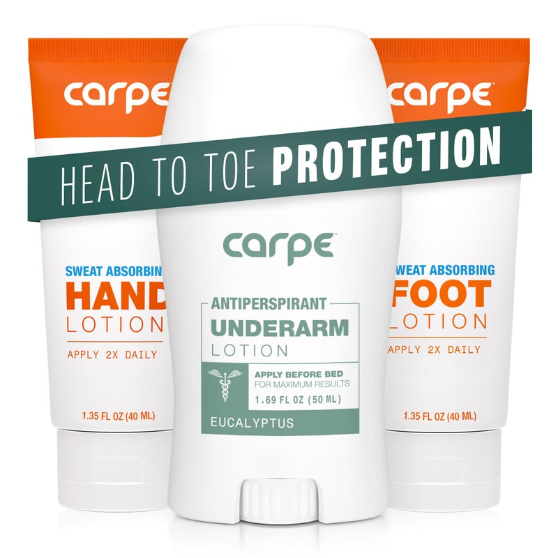 Carpe Sweat Absorbing Underarm, Hand & Foot Lotion Bundle, Head to Toe Sweat Protection for Hands, Feet, and Underarm, Dermatologist Recommended - Image 1