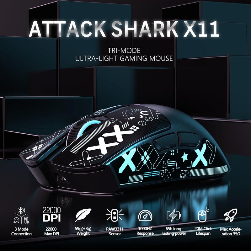 MAGIC-REFINER Attack Shark X11 59g Superlight Wireless Gaming Mouse with Grip Tape, RGB Charging Dock，BT/2.4G Wireless/Wired Pc Mouse, 22000 DPI,5 Programmable Buttons for Pc/Mac(Black) - Image 2