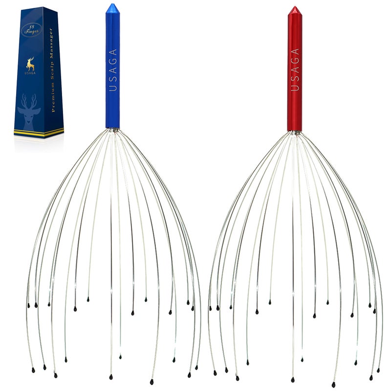 USAGA Head Scratcher, 20 Fingers Scalp Massager, Head Whisk Massager, Stocking Stuffers Gift for Head Body Stress Relax [2-Pack] Updated Version (Red & Blue) - Image 1