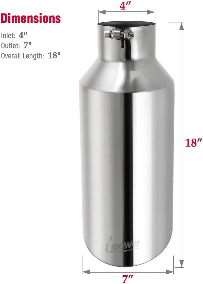 U-Power 4" to 7" Diesel Exhaust Tips 4" inlet 7" outlet 18" Long Universal Exhaust Tips Mirror Polish Stainless Steel Exhaust Tailpipe Rolled Edge Bolt On Diesel Tips - Image 4