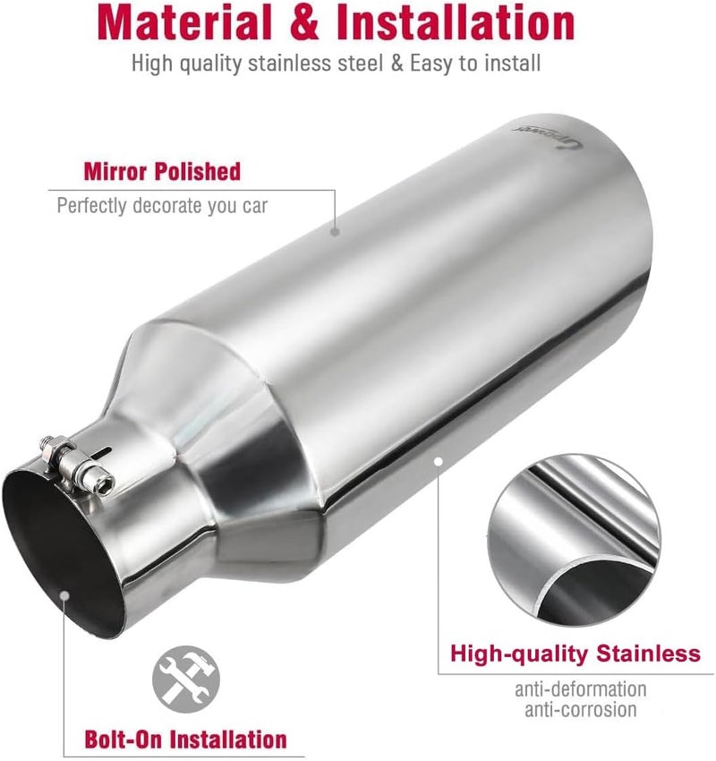 U-Power 4" to 7" Diesel Exhaust Tips 4" inlet 7" outlet 18" Long Universal Exhaust Tips Mirror Polish Stainless Steel Exhaust Tailpipe Rolled Edge Bolt On Diesel Tips - Image 5