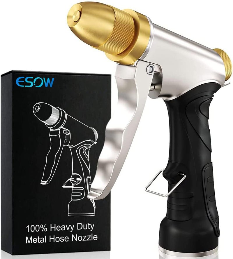 ESOW Garden Hose Nozzle 100 Heavy Duty Metal Full Brass Nozzle ABS Nonslip Ergonomic Grip 4 Watering Patterns High Pressure Metal Spray Gun for Watering Plants Car Wash and Showering Dog