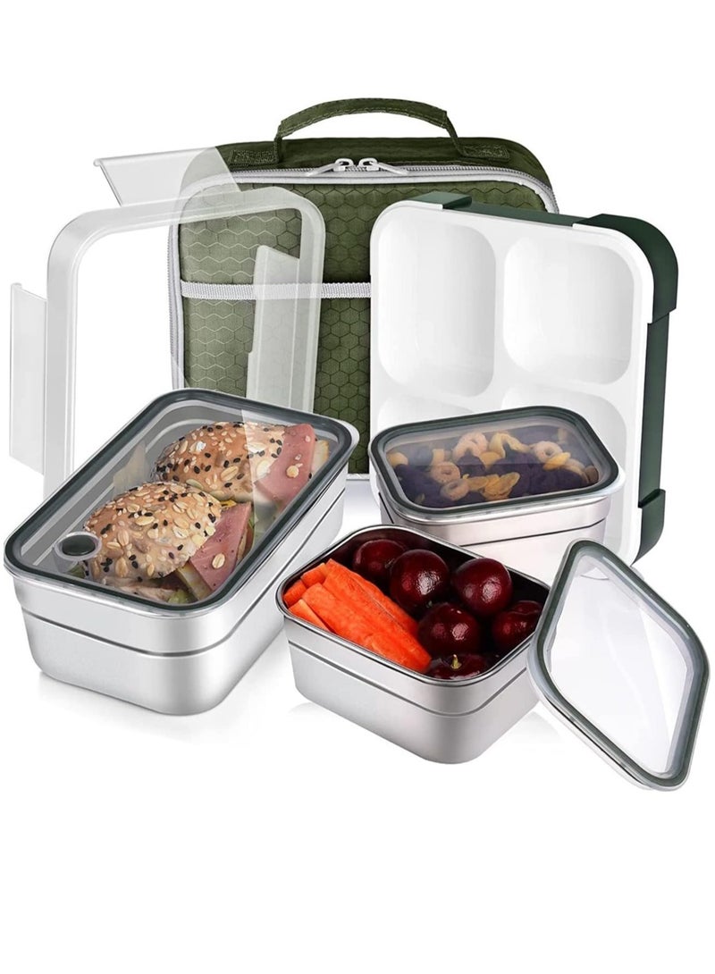 Kids School Stainless Steel Lunch Box Insulated Bento Lunch Box with Storage Bag 3 Compartments Divided Lunch Container with Lid  (Green 1260ML) - Image 1