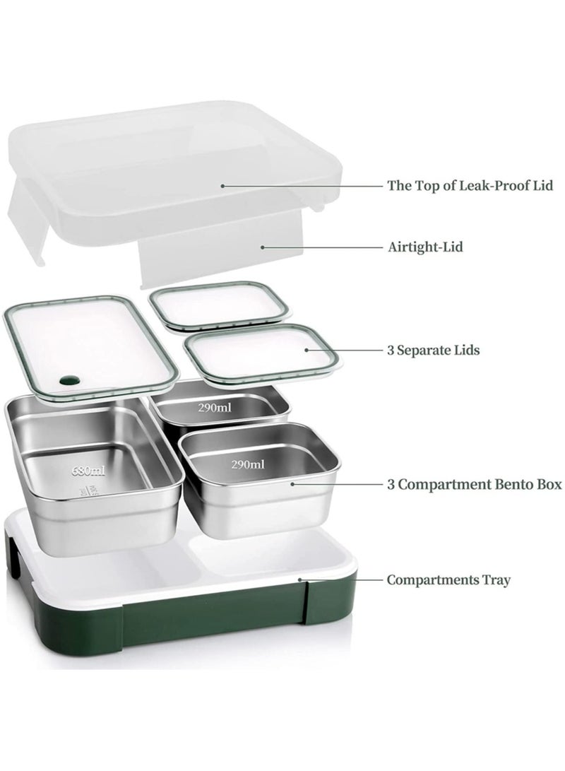 Kids School Stainless Steel Lunch Box Insulated Bento Lunch Box with Storage Bag 3 Compartments Divided Lunch Container with Lid  (Green 1260ML) - Image 2
