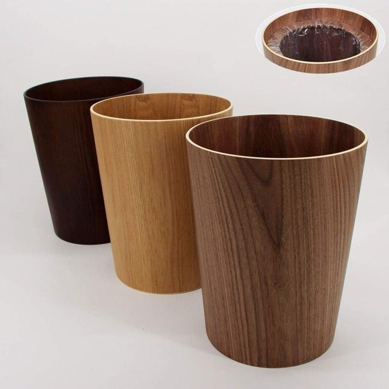 Garbage Can Creative Wood Wastebasket, Round Trash Can, Bathroom,Bedroom,Office, Wood Texture Wastepaper Basket (Color : Brown-1) - Image 3