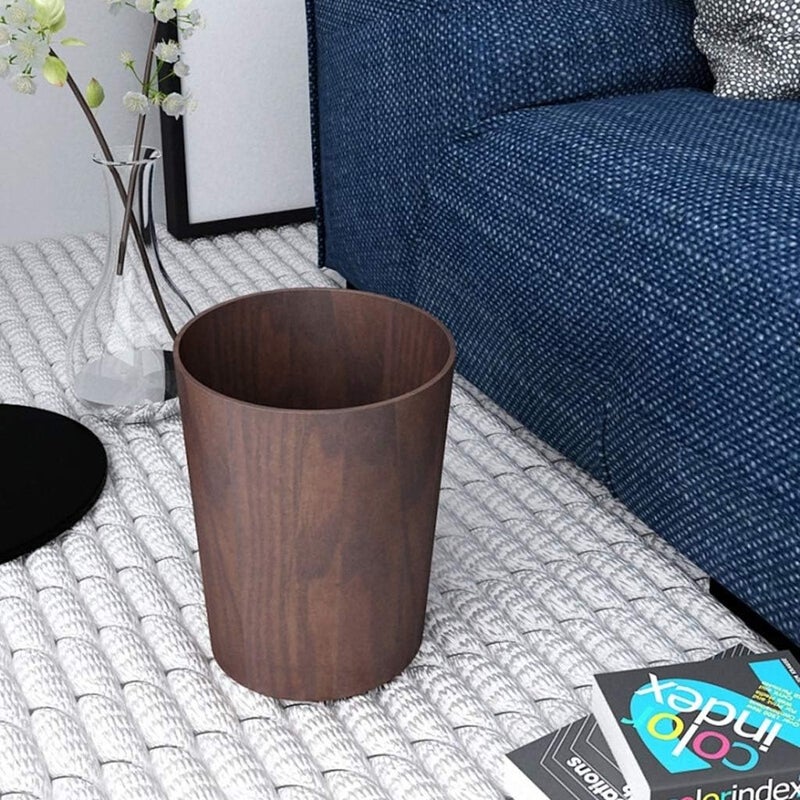 Garbage Can Creative Wood Wastebasket, Round Trash Can, Bathroom,Bedroom,Office, Wood Texture Wastepaper Basket (Color : Brown-1) - Image 4
