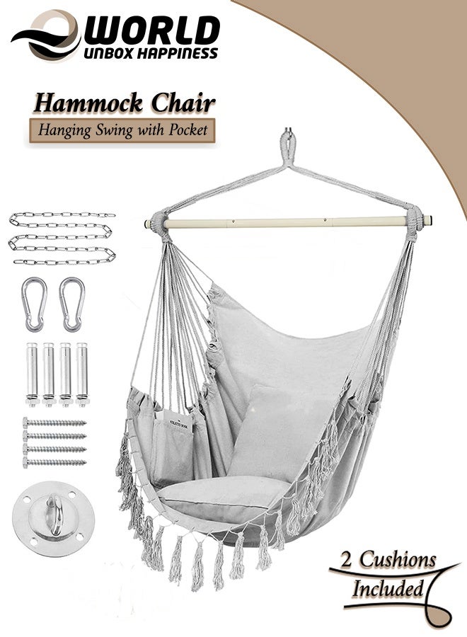 إي وورلد كرسي شبكة الهاموك المعلق، مرفوع بحبل الأرجوحة، نسيج قطني عالي الجودة، تصميم ماكرامي كبير مع جيب و2 وسادة، يتحمل حتى 330 رطلاً. ميزات سهولة التنقل، مثالي للشرفة، التراس، الفناء الخلفي. - Image 1