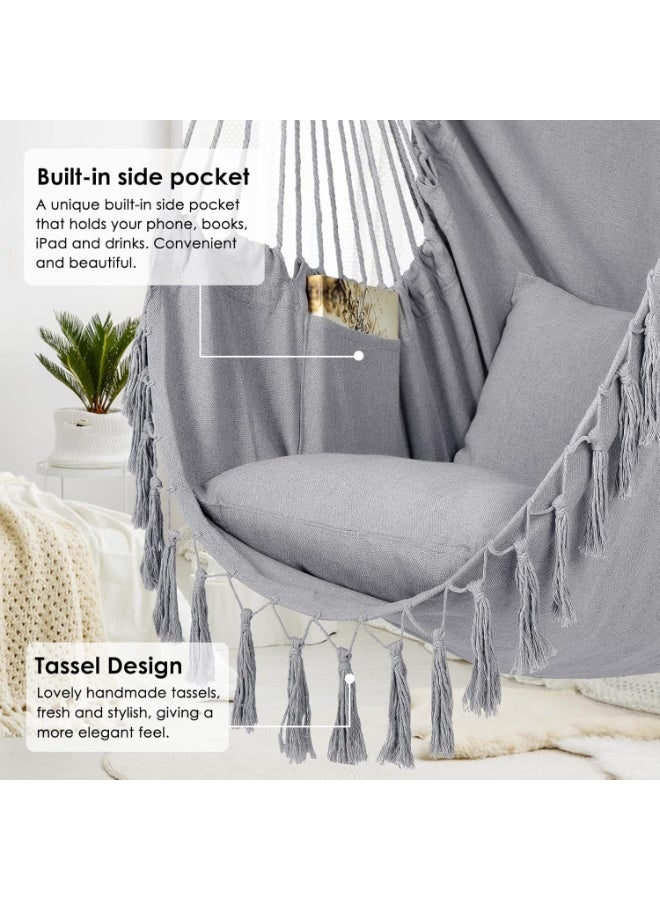 إي وورلد كرسي شبكة الهاموك المعلق، مرفوع بحبل الأرجوحة، نسيج قطني عالي الجودة، تصميم ماكرامي كبير مع جيب و2 وسادة، يتحمل حتى 330 رطلاً. ميزات سهولة التنقل، مثالي للشرفة، التراس، الفناء الخلفي. - Image 4