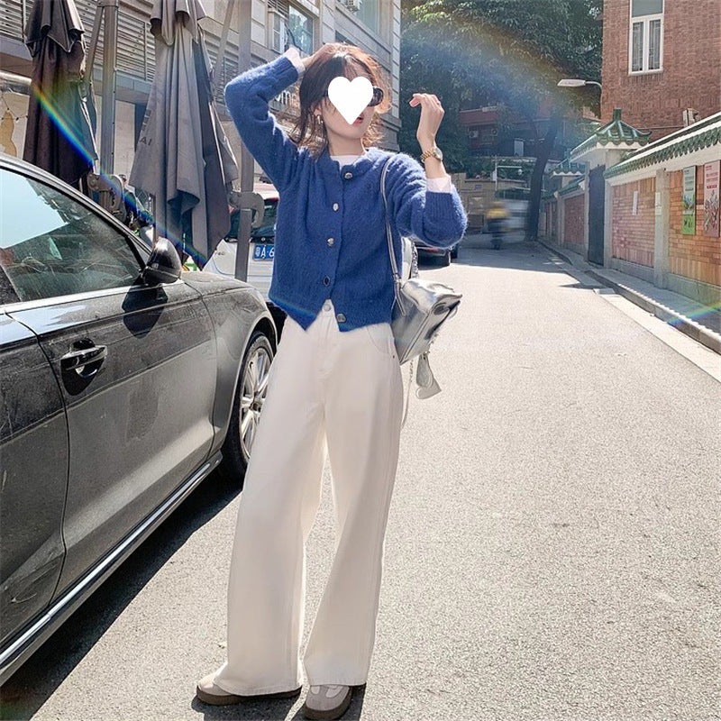 Spring Korean-style Soft Waxy Short Cardigan Jacket Womens Early Spring Commuter All-match Hair Needle Top Jeans Three-piece Suit three-piece set