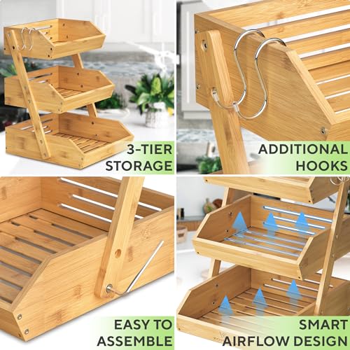 KOMFORA Bamboo Fruit Basket 3-Tier - Premium Produce Basket for Kitchen w/ 2 Hangers - Durable & Easy to Assemble Stand for Countertop - Perfect Holder for Vegetables, Bread, Snacks & More - Image 5