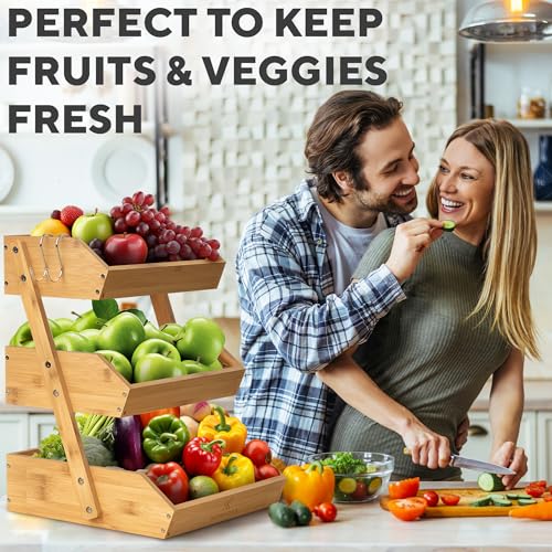 KOMFORA Bamboo Fruit Basket 3-Tier - Premium Produce Basket for Kitchen w/ 2 Hangers - Durable & Easy to Assemble Stand for Countertop - Perfect Holder for Vegetables, Bread, Snacks & More - Image 2