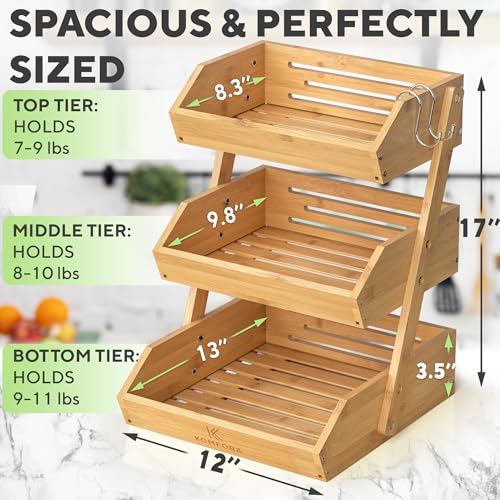 KOMFORA Bamboo Fruit Basket 3-Tier - Premium Produce Basket for Kitchen w/ 2 Hangers - Durable & Easy to Assemble Stand for Countertop - Perfect Holder for Vegetables, Bread, Snacks & More - Image 4