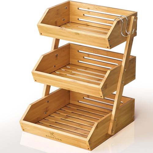 KOMFORA Bamboo Fruit Basket 3-Tier - Premium Produce Basket for Kitchen w/ 2 Hangers - Durable & Easy to Assemble Stand for Countertop - Perfect Holder for Vegetables, Bread, Snacks & More - Image 1