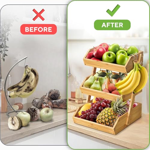 KOMFORA Bamboo Fruit Basket 3-Tier - Premium Produce Basket for Kitchen w/ 2 Hangers - Durable & Easy to Assemble Stand for Countertop - Perfect Holder for Vegetables, Bread, Snacks & More - Image 3