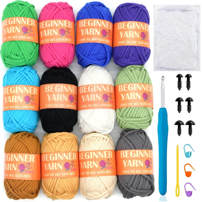 JOYTAG 12 Pack Beginners Crochet Yarn Coffee Brown Beige Grey Cotton Easy Crochet Yarn for Crocheting Knitting Beginners with Easy-to-See Stitches Multiclor Mini Beginner Crochet Kit(12x25g) - Image 1