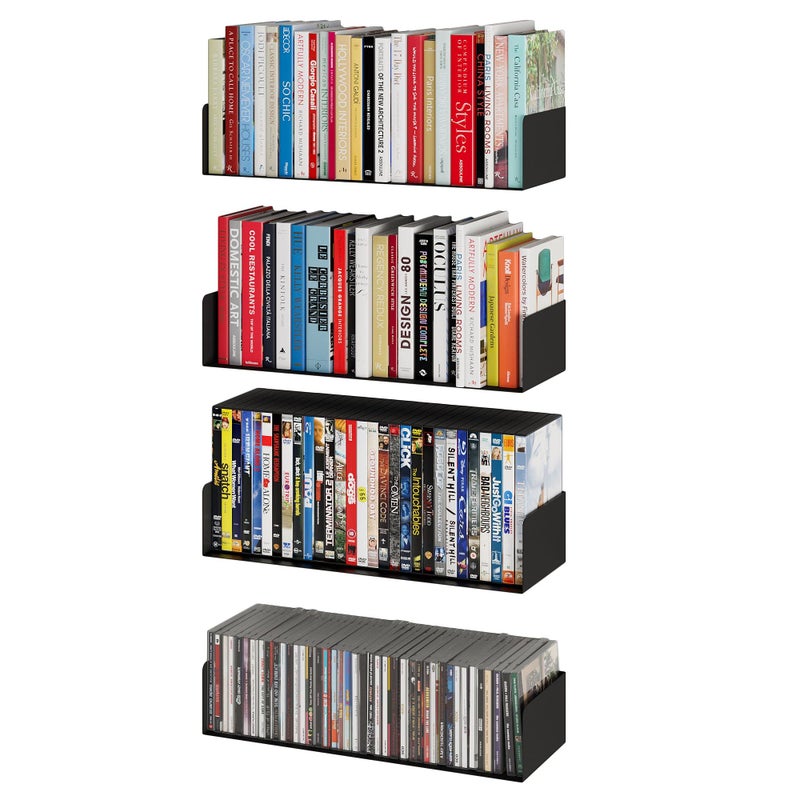 Wallniture Bali Black Floating Shelves for Wall CD DVD Storage Shelves and Metal Bookshelf Set of 4