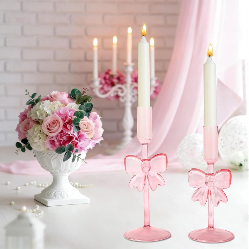 Lebaley 2PCS Bow Candle Holder - Pink Valentines Day Candlestick Holders Bow Taper Candle Holders Valentines Decor for Table Centerpiece Mantel Decor Holiday Housewarming Gifts - Image 4