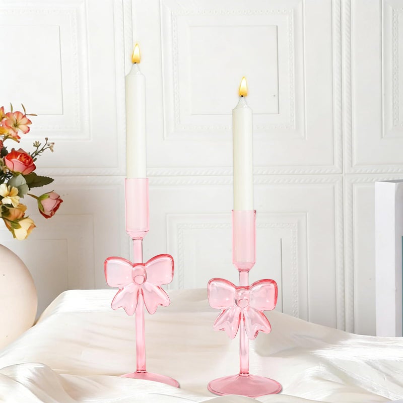 Lebaley 2PCS Bow Candle Holder - Pink Valentines Day Candlestick Holders Bow Taper Candle Holders Valentines Decor for Table Centerpiece Mantel Decor Holiday Housewarming Gifts - Image 5