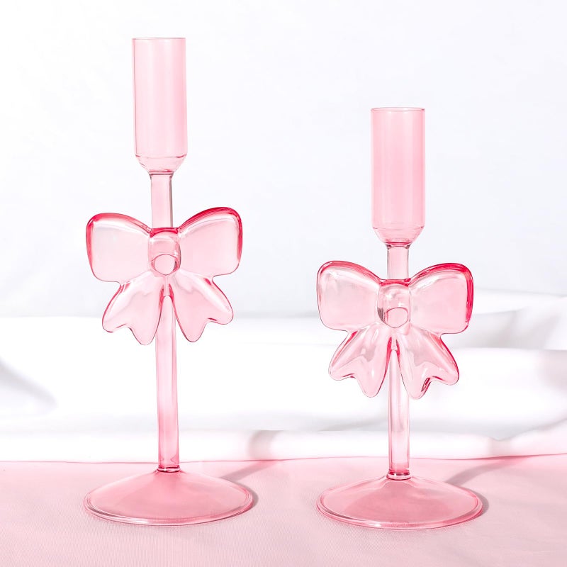Lebaley 2PCS Bow Candle Holder - Pink Valentines Day Candlestick Holders Bow Taper Candle Holders Valentines Decor for Table Centerpiece Mantel Decor Holiday Housewarming Gifts - Image 1
