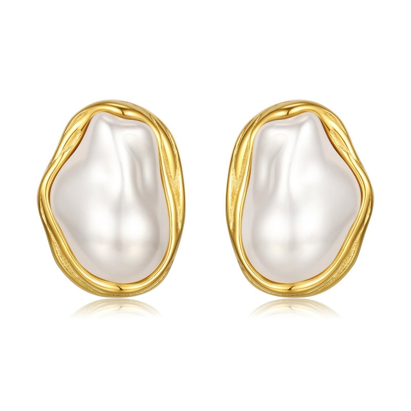 Dckazz Vintage Pearl Earrings Chunky 14K Gold Plated Statement Baroque Pearl Earrings for Women Stud Non Tarnish Stainless Steel - Image 1