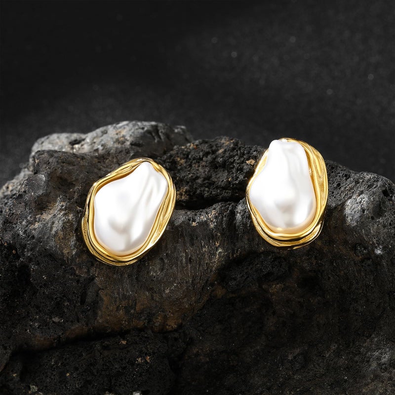 Dckazz Vintage Pearl Earrings Chunky 14K Gold Plated Statement Baroque Pearl Earrings for Women Stud Non Tarnish Stainless Steel - Image 5