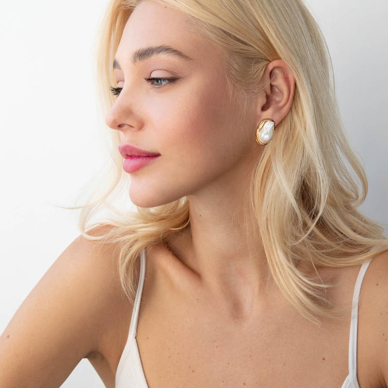 Dckazz Vintage Pearl Earrings Chunky 14K Gold Plated Statement Baroque Pearl Earrings for Women Stud Non Tarnish Stainless Steel - Image 2